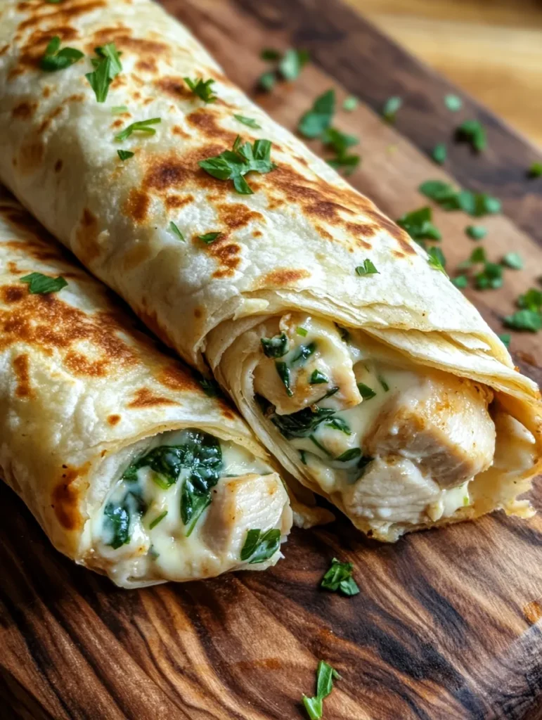 If you’re searching for a dish that embodies comfort and indulgence, look no further than these Cheesy Garlic Chicken Wraps! Imagine tender chicken breast layered with gooey melted cheese, fresh spinach, and a flavorful garlic-infused cream cheese spread, all encased in a soft flour tortilla. Perfect for a quick lunch or a satisfying dinner, these wraps are not only delicious but also incredibly easy to make. Whether you're enjoying a cozy night in or hosting friends, these wraps are sure to be a hit!