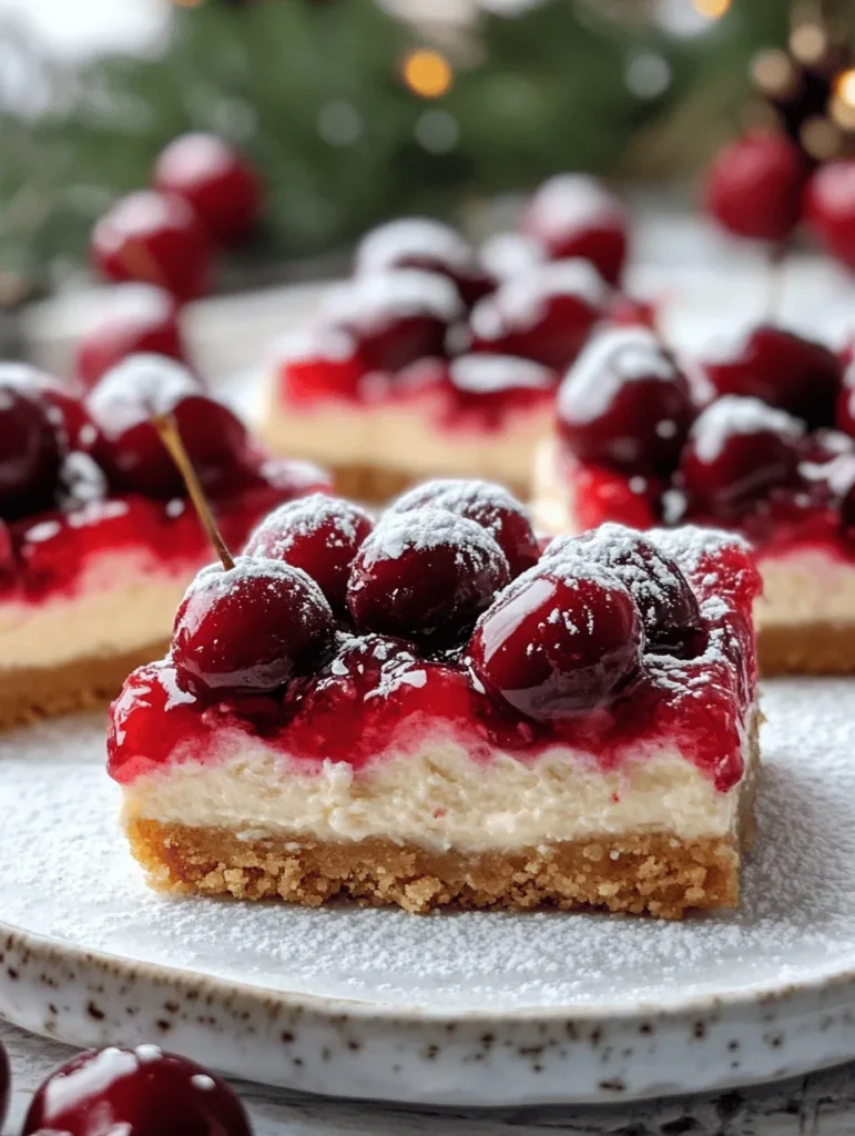 If you’re looking for an enchanting dessert that captures the spirit of the holidays, look no further than these Christmas Cherry Cheesecake Bars! Creamy, rich cheesecake adorned with a luscious cherry topping will surely elevate any festive gathering. Imagine cutting into a perfectly chilled bar, the firm yet creamy texture melting in your mouth, accompanied by the sweet and tangy burst of cherries. This recipe is a beloved family favorite and has been a staple at our holiday celebrations for years. Its blend of flavors and stunning appearance makes it a dessert that not only tastes fabulous but looks breathtaking too!