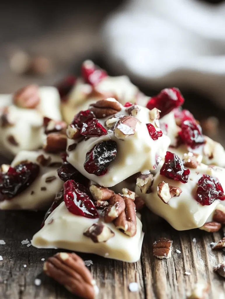 Indulge your sweet tooth with these White Chocolate Cranberry Pecan Clusters! With their delightful combination of creamy white chocolate, tart cranberries, and crunchy pecans, these little bites are perfect for any occasion. Whether you're looking for a snack to share at a holiday gathering or a special treat for yourself, these clusters will surely impress. Their sweetness is beautifully balanced with the slight saltiness of pecans, making them a popular choice amongst both kids and adults.