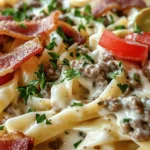 Indulge in the ultimate comfort food with our Loaded Bacon Cheeseburger Alfredo Pasta! This hearty dish combines the robust flavors of a cheeseburger with the creamy richness of Alfredo sauce, all served atop delicious fettuccine pasta. It's an easy-to-make recipe that turns an ordinary weeknight dinner into a culinary delight. Every bite is a savory explosion of crispy bacon, juicy beef, and three types of melted cheese - pure bliss on a plate!