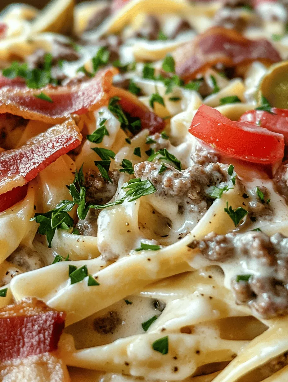 Indulge in the ultimate comfort food with our Loaded Bacon Cheeseburger Alfredo Pasta! This hearty dish combines the robust flavors of a cheeseburger with the creamy richness of Alfredo sauce, all served atop delicious fettuccine pasta. It's an easy-to-make recipe that turns an ordinary weeknight dinner into a culinary delight. Every bite is a savory explosion of crispy bacon, juicy beef, and three types of melted cheese - pure bliss on a plate!