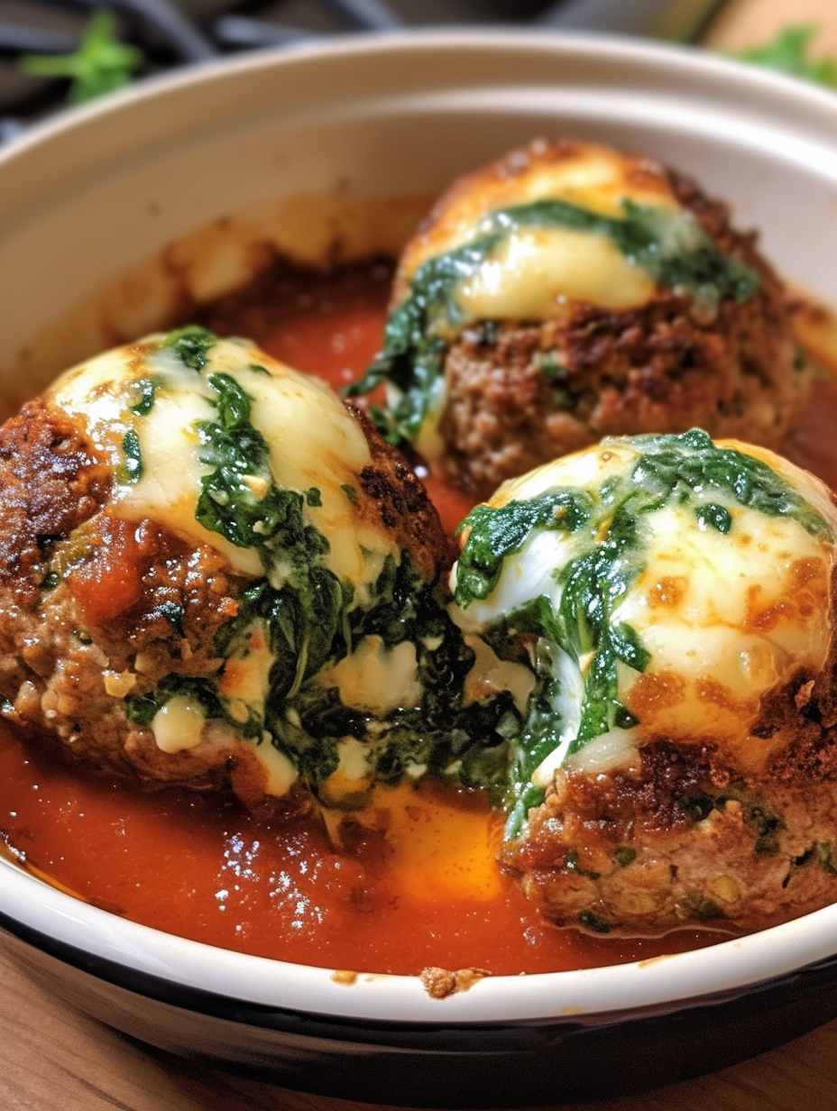 Spinach Garlic Meatballs Stuffed with Mozzarella