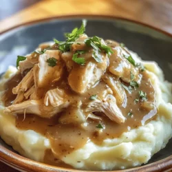 Savory Shredded Chicken with Creamy Gravy Over Mashed Potatoes is the epitome of comfort food that evokes feelings of warmth and satisfaction. This dish is a delightful combination of tender, shredded chicken infused with aromatic herbs and spices, generously draped in a rich, creamy gravy and served atop a fluffy bed of mashed potatoes. This culinary masterpiece not only pleases the palate but also nourishes the soul. Whether you’re gathering around the dinner table with family or hosting friends for a casual meal, this dish is guaranteed to impress and leave everyone coming back for seconds.