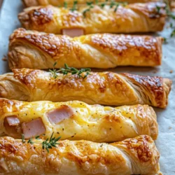 When preparing Ham and Cheese Delight Sticks, the way you layer your ingredients can significantly affect the final flavor and texture of the dish. Start with a base of flaky pastry, which provides a buttery richness and delightful crunch. Next, add a layer of high-quality ham; the saltiness of the ham complements the creaminess of the cheese beautifully. For the cheese, consider using a blend of mozzarella and cheddar for a combination of meltiness and sharpness, enhancing both flavor and texture.