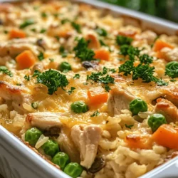 Classic comfort food often brings to mind hearty meals that nurture both the body and soul. One such dish that embodies this concept is the Classic Comfort Chicken and Rice Casserole. This delightful recipe combines tender chicken, fluffy rice, and a medley of vegetables, all enveloped in a creamy sauce topped with melted cheddar cheese. Perfect for family gatherings or a cozy weeknight dinner, this casserole is not only easy to prepare but also a crowd-pleaser.