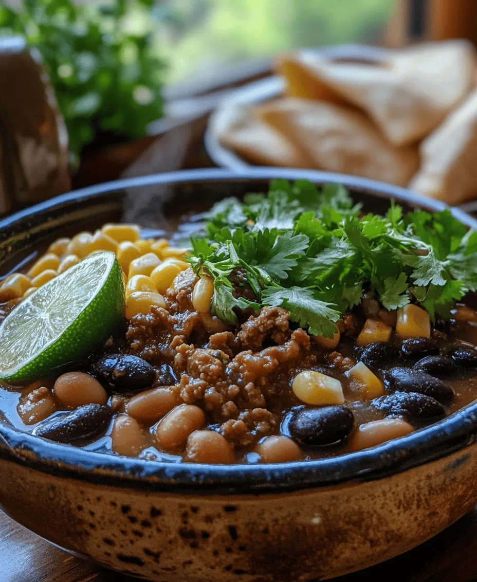 When the chill of autumn begins to creep in or a winter storm blankets the landscape, there's nothing quite as comforting as a warm bowl of soup. Among the myriad of soup recipes out there, <strong>Hearty Pinto Bean, Green Chile & Beef Soup</strong> stands out as a nourishing and satisfying option. This delightful dish combines the rich flavors of ground beef, the creaminess of pinto beans, and the zesty kick of green chiles, resulting in a concoction that is both hearty and wholesome.” /></p>
</p>
<h3>Techniques for Achieving the Perfect Sauté</h3>
</p>
<p>Sautéing is a fundamental cooking technique that lays the groundwork for many delicious dishes, including our Hearty Pinto Bean, Green Chile & Beef Soup. To achieve the perfect sauté, begin by selecting a heavy-bottomed pot or Dutch oven. These types of cookware distribute heat evenly, preventing hotspots that can burn your ingredients.</p>
</p>
<p>Start by preheating your pot over medium heat. Once the pot is warm, add a generous amount of oil—olive oil or vegetable oil works well here. Allow the oil to heat until it shimmers before adding your diced onions and minced garlic. The sizzling sound you hear is a good sign; it indicates that the ingredients are starting to cook.</p>
</p>
<p>Stir frequently to ensure even cooking and to prevent sticking. Cook until the onions are translucent and the garlic is fragrant, typically around 5-7 minutes. This step is crucial as it builds the foundational flavors of the soup.</p>
</p>
<h3>The Significance of Softening Onions and Garlic</h3>
</p>
<p>Softening onions and garlic is a key step in enhancing the overall flavor of your soup. When onions are sautéed, their natural sugars caramelize, imparting a sweet and savory flavor that forms the base of your dish. Garlic, on the other hand, releases its aromatic oils, which can transform a simple soup into a complex culinary experience.</p>
</p>
<p>Together, these ingredients create a flavor profile that will permeate the entire soup. Skipping or rushing this step can result in a less flavorful dish, so take your time to get this right.</p>
</p>
<h3>Incorporating Liquid Ingredients</h3>
</p>
<p>Once your onions and garlic are perfectly sautéed, it’s time to incorporate the liquid ingredients. The broth and tomatoes will provide the soup base, enriching it with depth and richness.</p>
</p>
<p>Begin by adding your beef broth to the pot, scraping the bottom with a wooden spoon to deglaze any flavorful bits stuck to the bottom. Next, pour in canned diced tomatoes, including their juice. These ingredients not only introduce moisture but also add acidity, which helps balance the richness of the beef and beans.</p>
</p>
<h3>Tips for Achieving the Right Balance of Flavors</h3>
</p>
<p>Achieving the right balance of flavors is essential for a well-rounded soup. As you add your liquid ingredients, consider the overall profile you want to create. If you prefer a slightly tangy taste, opt for fire-roasted tomatoes. For a sweeter profile, consider adding a touch of sugar or honey. Always taste your soup as you go; this will help you adjust the flavors until they reach your desired level.</p>
</p>
<h3>Seasoning the Soup</h3>
</p>
<p>Seasoning is a crucial component of any recipe, and it’s important to do it throughout the cooking process. Start with a pinch of salt and pepper when you add the broth, and continue to taste and adjust as the soup simmers.</p>
</p>
<p>The beauty of seasoning lies in personalization. If you find that your soup needs more depth, consider adding spices like cumin or smoked paprika. On the other hand, if you prefer a milder flavor, keep the seasoning light. Remember, you can always add more, but it’s challenging to take it away once it’s been added.</p>
</p>
<h3>The Science of Simmering and Its Role in Flavor Melding</h3>
</p>
<p>Simmering is where the magic happens; it allows the ingredients to meld and develop their flavors. Once all your ingredients are in the pot, bring the soup to a gentle boil, then reduce the heat to a simmer.</p>
</p>
<p>During this time, the flavors will deepen and become more complex. Simmering also helps break down the beans and meat, allowing them to absorb the flavors of the broth. For optimal results, let your soup simmer for at least 30 minutes, stirring occasionally. If you find the soup too thick, you can always add a bit of water or broth to reach your desired consistency.</p>
</p>
<h3>Adding Corn</h3>
</p>
<p>Corn is a quick-cooking ingredient that should be added near the end of the cooking process. This timing ensures that the corn retains its sweet flavor and crunchy texture. Simply stir the corn into the soup during the last 10 minutes of simmering.</p>
</p>
<p>The addition of corn not only enhances the sweetness but also adds a delightful texture. The sweet bursts of corn kernels contrast beautifully with the hearty beans and beef, creating a well-rounded mouthfeel.</p>
</p>
<h3>Serving Suggestions</h3>
</p>
<p>Presentation plays a vital role in any dish, and your Hearty Pinto Bean, Green Chile & Beef Soup is no exception. Ladle the soup into large bowls and consider topping each serving with fresh cilantro and a squeeze of lime. This garnish not only adds a pop of color but also infuses the soup with a fresh flavor that brightens the overall dish.</p>
</p>
<p>For an extra touch, you might serve the soup alongside warm, crusty bread or tortilla chips. Both pair beautifully, perfect for dipping and soaking up the rich broth.</p>
</p>
<h3>Nutritional Information</h3>
</p>
<p>For those who are health-conscious, it’s essential to understand the nutritional value of your meal. Each serving of Hearty Pinto Bean, Green Chile & Beef Soup typically contains approximately 350 calories, 25 grams of protein, 15 grams of fiber, and significant amounts of vitamins and minerals.</p>
</p>
<p>Compared to other soup options, this recipe stands out for its high protein and fiber content, making it an excellent choice for a filling meal. The combination of beans and beef provides a balanced source of nutrition, ensuring that you feel satisfied and energized.</p>
</p>
<h3>Variations and Substitutions</h3>
</p>
<p>This soup is versatile and can easily be adapted to suit various dietary preferences. If you’re looking to create a vegetarian or vegan version, simply replace the beef with extra vegetables or mushrooms for a hearty texture, and use vegetable broth instead of beef broth.</p>
</p>
<p>Feel free to experiment with different spices or vegetables. Adding a pinch of cayenne pepper can amp up the heat, while diced bell peppers can contribute sweetness. You can also make the soup spicier or milder by adjusting the quantity of green chiles or adding jalapeños.</p>
</p>
<h3>Pairing Suggestions</h3>
</p>
<p>To complement the rich flavors of your soup, consider serving it with sides that enhance the meal. A simple green salad dressed with a light vinaigrette can provide a refreshing contrast. Alternatively, warm cornbread or a quesadilla with cheese can add a delightful comfort element to your meal.</p>
</p>
<p>For beverages, a light lager or a crisp white wine pairs beautifully with the soup. If you prefer non-alcoholic options, a refreshing iced tea or lemonade can cleanse the palate and enhance your dining experience.</p>
</p>
<h3>Conclusion</h3>
</p>
<p>Hearty Pinto Bean, Green Chile & Beef Soup is not just a recipe; it’s a celebration of flavors and a testament to the joy of home cooking. This nutritious meal is perfect for any occasion, from cozy family dinners to casual gatherings with friends.</p>
</p>
<p>With its rich flavors and comforting warmth, this soup is bound to become a favorite in your household. We encourage you to try this recipe for yourself and experience the satisfaction that comes from creating a hearty, nourishing dish from scratch. There’s something truly comforting about a homemade soup, especially one that brings together wholesome ingredients and vibrant flavors. Enjoy the process, and savor the delicious results!</p>
</div>