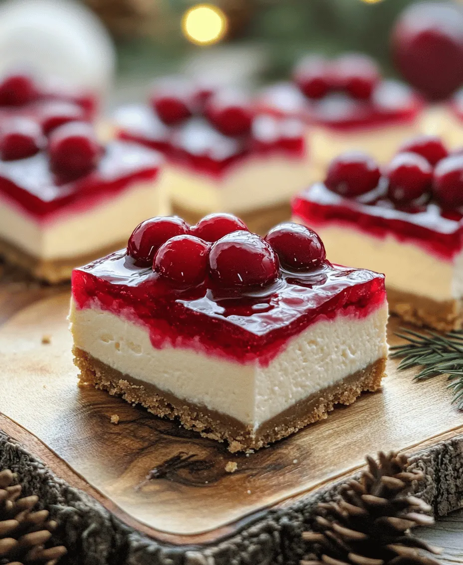 Cherry Cheesecake Bars are a magnificent treat that encapsulates the essence of the holiday spirit. The dish features a creamy cheesecake filling, perfectly set atop a rich graham cracker crust, and is crowned with a luscious cherry topping that adds a burst of flavor. The combination of the velvety cheesecake and the sweet-tart cherries creates an irresistible balance that has made these bars a beloved choice for any occasion.