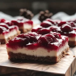 Cherry Cheesecake Bars are a magnificent treat that encapsulates the essence of the holiday spirit. The dish features a creamy cheesecake filling, perfectly set atop a rich graham cracker crust, and is crowned with a luscious cherry topping that adds a burst of flavor. The combination of the velvety cheesecake and the sweet-tart cherries creates an irresistible balance that has made these bars a beloved choice for any occasion.