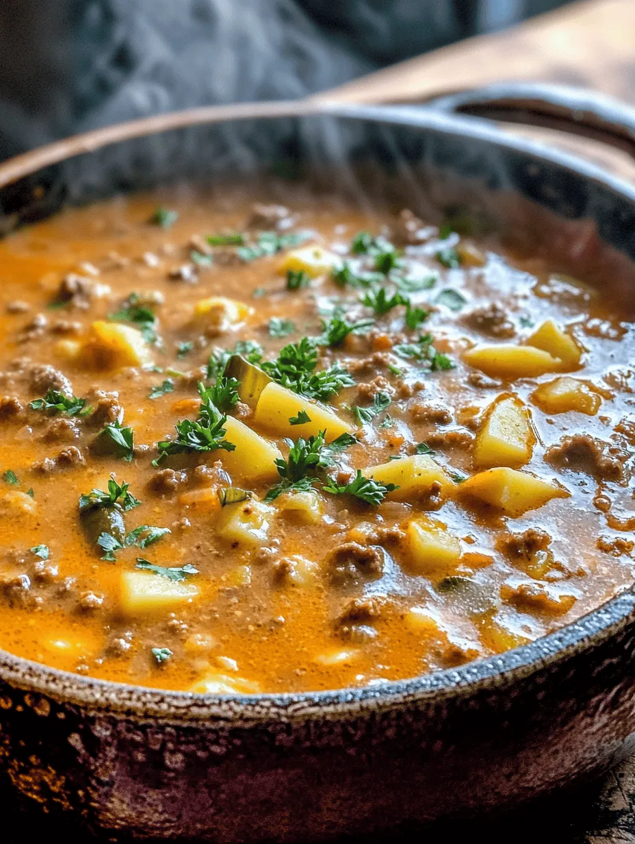 When preparing Creamy Cheeseburger Soup, the first step involves sautéing onions and garlic, which is crucial for developing the soup's deep, savory flavors. Onions release their natural sugars when cooked, caramelizing and adding a rich sweetness that balances the savory elements of the dish. Garlic, on the other hand, infuses the base with its aromatic qualities, enhancing the overall flavor profile.