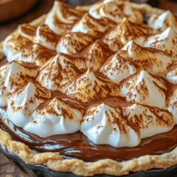 Indulge your sweet tooth with a slice of classic chocolate pie topped with golden meringue. This beloved dessert combines a rich, velvety chocolate filling with a light and airy meringue, creating a delightful contrast in flavors and textures. The chocolate filling is a luscious blend of deep cocoa notes and creamy smoothness, while the meringue crown adds a sweet, fluffy touch that elevates the dish to new heights.