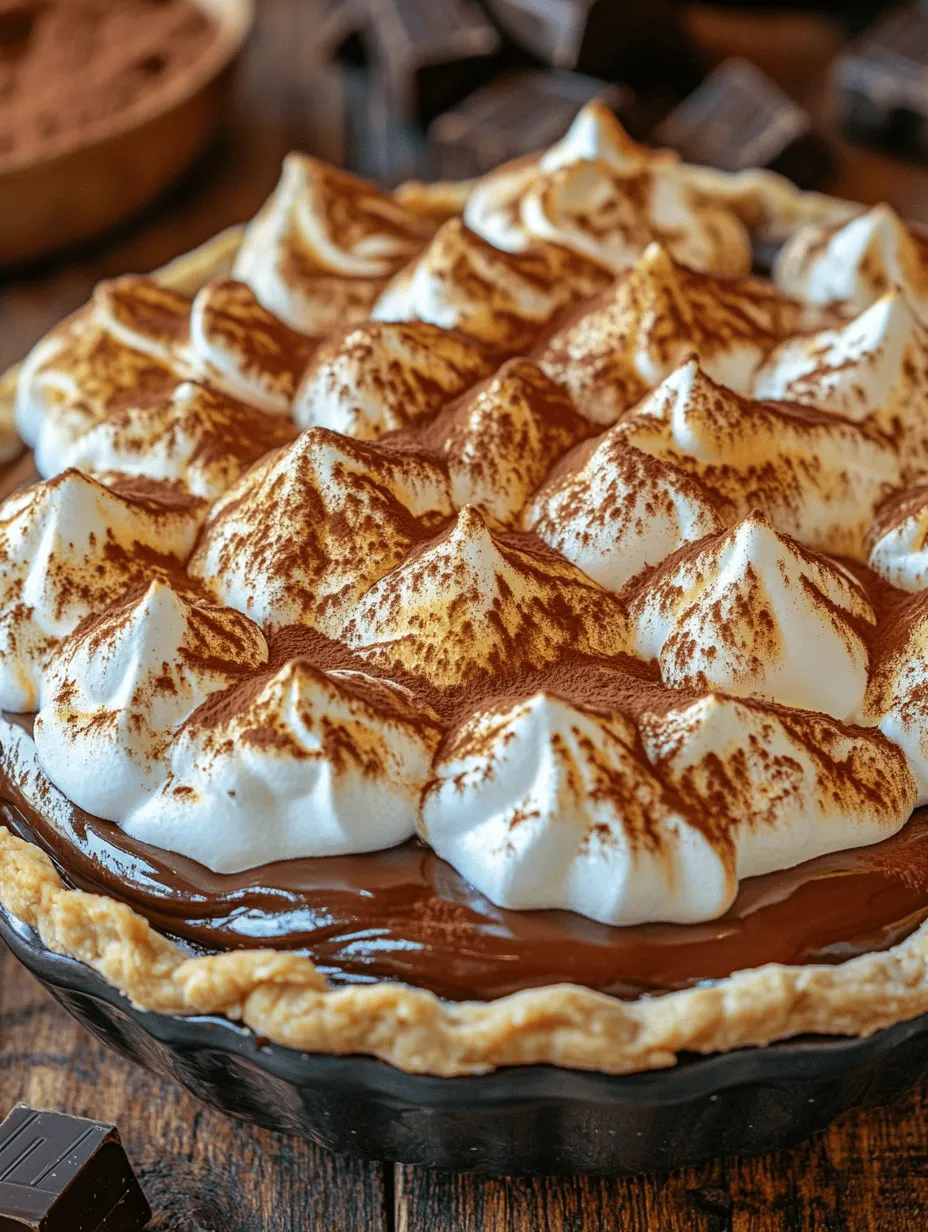 Indulge your sweet tooth with a slice of classic chocolate pie topped with golden meringue. This beloved dessert combines a rich, velvety chocolate filling with a light and airy meringue, creating a delightful contrast in flavors and textures. The chocolate filling is a luscious blend of deep cocoa notes and creamy smoothness, while the meringue crown adds a sweet, fluffy touch that elevates the dish to new heights.