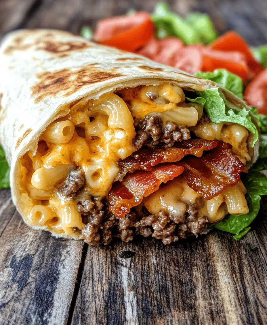 Embark on a culinary adventure with the Bacon Mac ‘n’ Cheese Burger Wrap—a delectable fusion that combines the comforting warmth of macaroni and cheese with the savory satisfaction of a burger. This unique recipe is perfect for those who crave bold flavors and hearty meals, making it an instant hit for casual gatherings or family dinners. Imagine all the gooey cheesiness of mac ‘n’ cheese enveloped in a soft tortilla, alongside a juicy burger patty and crispy bacon. It’s a dish that redefines comfort food by bringing together classic favorites into one mouthwatering wrap.