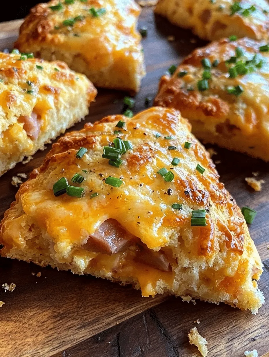 If you're yearning for a delightful baked treat that brings together the heartiness of ham with the rich creaminess of cheese, look no further than these Savory Ham and Cheese Scones! Perfect for breakfast, brunch, or an afternoon snack, these scones are fluffy, golden, and bursting with flavor. Imagine breaking into a still-warm scone, the aroma of melted cheddar mingling with savory ham wafting through the air—it’s pure comfort! This recipe is not just easy to make; it’s also a delightful way to use up leftover ham. Whether enjoyed with a dab of butter or simply on their own, they are guaranteed to become a favorite in your kitchen.