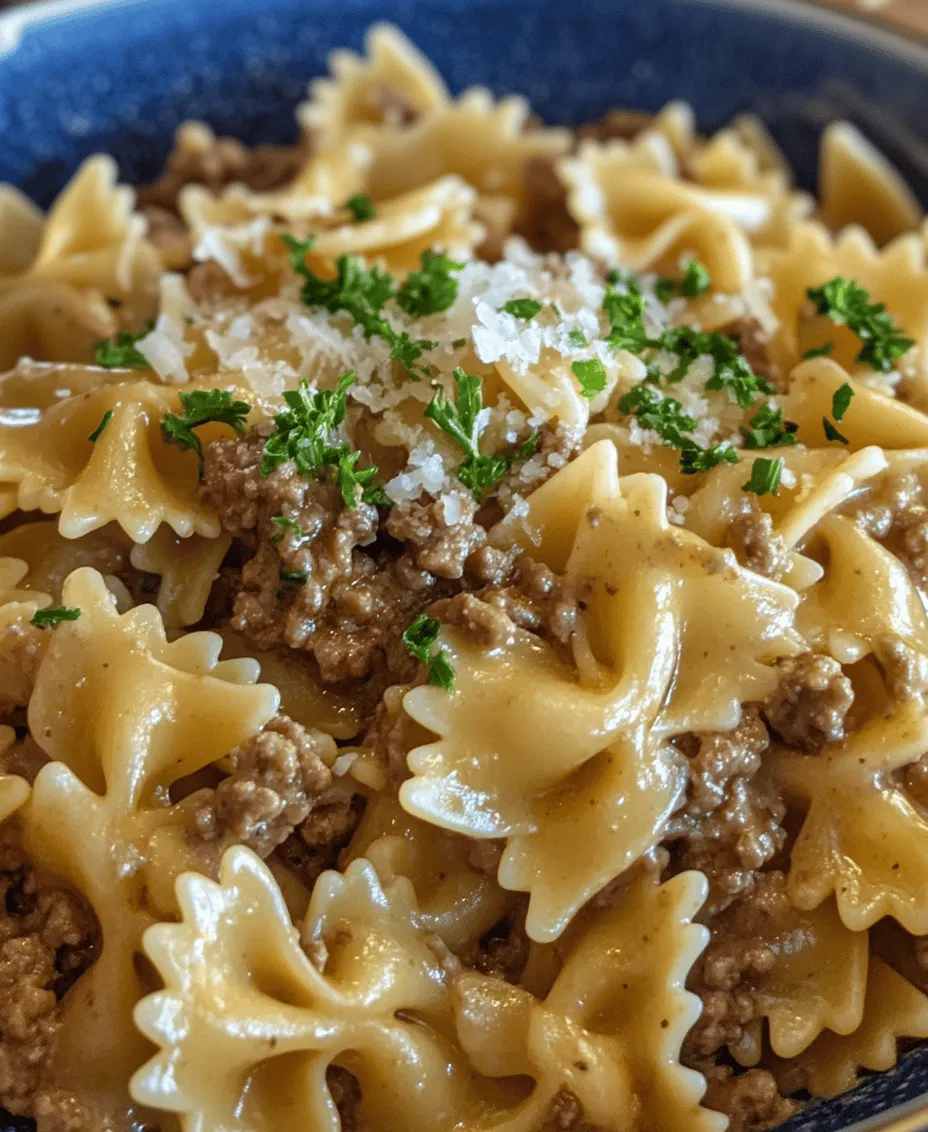 1. <strong>Boil Water</strong>: Start by bringing a large pot of salted water to a boil. The salt is crucial as it enhances the flavor of the pasta while it cooks.” /></p>
</p>
<h3>Creating the Creamy Sauce</h3>
</p>
<p>To elevate your creamy beef and bowtie pasta, start by creating the sauce, which is the heart of this dish. After browning the beef and sautéing your onions and garlic, it’s time to add the rich flavors that will bind the dish together. Begin by pouring in the chicken or beef broth, scraping the bottom of the skillet to release any browned bits that have accumulated.</p>
</p>
<h4>Importance of Scraping the Skillet for Flavor</h4>
</p>
<p>Scraping the skillet is essential not only for cleaning but also for flavor enhancement. Those browned bits, often referred to as fond, are packed with concentrated flavors that will infuse your sauce, making it richer and more complex. Use a wooden spoon or spatula to gently scrape the pan as you add the broth, ensuring that every bit of savory goodness is incorporated into your creamy sauce.</p>
</p>
<h4>How to Achieve the Right Consistency with Cream and Broth</h4>
</p>
<p>Once the broth is added, allow it to simmer for a few minutes to reduce slightly. This will concentrate the flavors even further. Next, slowly pour in the heavy cream while stirring continuously. This will help achieve the desired creamy consistency. If the sauce is too thick, you can always add a bit more broth or cream until you reach your ideal texture. The goal is to have a velvety sauce that clings beautifully to each piece of pasta.</p>
</p>
<h3>Combining Pasta and Sauce</h3>
</p>
<p>After preparing the creamy sauce, it’s time to marry it with the cooked bowtie pasta. Make sure your pasta is al dente, as it will continue to cook slightly once combined with the sauce.</p>
</p>
<h4>Best Practices for Mixing to Ensure Even Coating</h4>
</p>
<p>To ensure an even coating of sauce, first, drain your pasta and reserve a cup of the starchy pasta water. This water can be a lifesaver when it comes to adjusting the sauce’s consistency after combining. Add the drained pasta directly to the skillet with the creamy sauce, gently tossing the pasta with tongs or a large spoon. If the sauce seems too thick, gradually add some reserved pasta water until you achieve the perfect creamy coating.</p>
</p>
<h4>Importance of Incorporating Cheese for Creaminess</h4>
</p>
<p>To enhance the creaminess of your dish, it’s essential to incorporate cheese. Stir in freshly grated Parmesan cheese until melted and well combined. This not only adds flavor but also gives the sauce a delightful richness that makes it irresistible. If you prefer a stronger cheese flavor, consider adding Gruyère or Fontina for an extra layer of taste.</p>
</p>
<h3>Serving Suggestions</h3>
</p>
<p>Now that your creamy beef and bowtie pasta is complete, it’s time to think about how to serve it. Presentation can elevate the dining experience, so consider a few simple ideas.</p>
</p>
<h4>Presentation Ideas for Enhancing Visual Appeal</h4>
</p>
<p>Serve the pasta in a large bowl or on individual plates. For an appealing presentation, you can sprinkle extra grated Parmesan cheese on top and garnish with freshly chopped parsley or basil. A dash of black pepper can also enhance the visual appeal while adding an extra kick of flavor. If you want to impress your guests, consider serving the pasta in a hollowed-out bell pepper or alongside a fresh green salad.</p>
</p>
<h4>Discussing Potential Side Dishes or Pairings</h4>
</p>
<p>This creamy dish pairs well with a variety of side options. A simple arugula salad with a lemon vinaigrette adds a refreshing contrast to the richness of the pasta. Garlic bread or a crusty baguette is perfect for soaking up any extra sauce. For a heartier option, consider serving roasted or steamed vegetables, such as asparagus or green beans, to add color and nutrition to your meal.</p>
</p>
<h3>Nutritional Insights</h3>
</p>
<p>When preparing creamy beef and bowtie pasta, it’s essential to consider its nutritional profile, especially if you are monitoring your macronutrient intake.</p>
</p>
<h4>Nutritional Breakdown of the Dish</h4>
</p>
<p>A typical serving of creamy beef and bowtie pasta contains approximately 600-800 calories, depending on the specific ingredients and portion size. It consists mainly of carbohydrates from the pasta, protein from the beef, and fats from the cream and cheese.</p>
</p>
<h4>Discussing the Balance of Macronutrients</h4>
</p>
<p>This dish provides a well-rounded balance of macronutrients, making it a satisfying meal option. The protein content helps in muscle repair and growth, while the carbohydrates provide energy. However, if you are looking to reduce calories, consider using lean ground beef or substituting some of the cream with low-fat yogurt or evaporated milk.</p>
</p>
<h4>Possible Substitutions for Dietary Restrictions</h4>
</p>
<p>For those with dietary restrictions or preferences, there are several substitutions you can make. Gluten-free pasta options are widely available, allowing those with celiac disease or gluten sensitivity to enjoy this dish. Additionally, you can swap out the beef for leaner meats like turkey or chicken. For a vegetarian version, consider using plant-based ground meat or beans, and replace the cream with coconut cream or cashew cream for a vegan alternative.</p>
</p>
<h3>Exploring Variations</h3>
</p>
<p>One of the best aspects of creamy beef and bowtie pasta is its versatility. You can easily adapt this dish to fit various tastes and dietary needs.</p>
</p>
<h4>Alternative Proteins</h4>
</p>
<p>Ground turkey or chicken can be used instead of beef for a lighter option. These proteins will still provide flavor and a satisfying texture. For a vegetarian or vegan alternative, try using lentils or a mix of mushrooms for a meaty texture without the meat.</p>
</p>
<h4>Adding Vegetables for a Health Boost</h4>
</p>
<p>Incorporating vegetables can enhance the nutritional value of your dish. Consider tossing in some fresh spinach, which wilts beautifully into the creamy sauce, or bell peppers for a pop of color and sweetness. Other great options include zucchini, peas, or broccoli, all of which can be added during the last few minutes of cooking.</p>
</p>
<h4>Different Cheese Options and Their Flavor Profiles</h4>
</p>
<p>While Parmesan is a classic choice, exploring different cheeses can elevate your pasta dish. For a sharper flavor, consider using aged cheddar or Gouda. Cream cheese can also be stirred in for an ultra-creamy texture. Experimenting with cheese can help you discover new flavor combinations that suit your palate.</p>
</p>
<h4>Exploring Spice Variations</h4>
</p>
<p>If you enjoy a bit of heat, adding red pepper flakes during the cooking process can provide a lovely kick. Alternatively, consider incorporating herbs like thyme or oregano for additional flavor depth. A squeeze of fresh lemon juice or a dash of balsamic vinegar just before serving can brighten the overall dish.</p>
</p>
<h3>Cultural Context</h3>
</p>
<p>Pasta dishes like creamy beef and bowtie pasta are celebrated in many cultures around the world, each adding their unique twist to the beloved staple.</p>
</p>
<h4>The Popularity of Pasta Dishes in Different Cultures</h4>
</p>
<p>From Italian to American cuisines, pasta is a versatile ingredient that can be adapted to various flavors and cooking styles. Creamy pasta dishes have gained popularity for their comforting and indulgent qualities, often becoming family favorites.</p>
</p>
<h4>Historical Context of Creamy Pasta Recipes</h4>
</p>
<p>Creamy pasta recipes can be traced back to the classic Italian fettuccine Alfredo, which features a simple combination of butter, cream, and cheese. Over time, variations have emerged in different cultures, allowing for endless creativity in the kitchen.</p>
</p>
<h4>How This Dish Can Be Adapted to Various Regional Flavors</h4>
</p>
<p>This creamy beef and bowtie pasta can easily be adapted to reflect regional flavors by incorporating local spices, herbs, or even different sauces. For example, adding a touch of pesto can give it an Italian flair, while a splash of soy sauce can introduce an Asian twist.</p>
</p>
<h3>Conclusion</h3>
</p>
<p>In summation, this creamy beef and bowtie pasta recipe is not only simple to prepare but also incredibly delicious. Its rich flavors and comforting texture make it a perfect go-to dish for busy weeknights or special occasions. With various substitutions and adaptations available, you can tailor this recipe to suit your dietary needs and personal preferences.</p>
</p>
<p>Don’t hesitate to experiment with your ingredients—try different proteins, vegetables, or spices to make it your own. You’ll find that this dish is not only a family favorite but also a canvas for culinary creativity. So, gather your ingredients and get ready to enjoy a hearty, satisfying meal that brings everyone together at the table.</p>
</div>