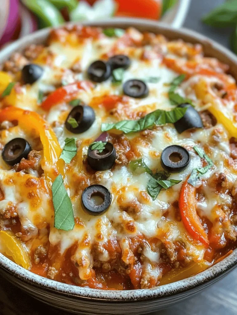 Imagine a dish that perfectly captures the essence of pizza without the carb-heavy crust. The Low Carb Crustless Pizza Bowl delivers just that! Full of savory flavors from ground turkey or beef, vibrant bell peppers, and gooey mozzarella cheese, this comforting meal satisfies your pizza cravings while keeping your diet in check. Whether you're following a low-carb lifestyle or just looking for a delicious dinner option, this recipe is a must-try!