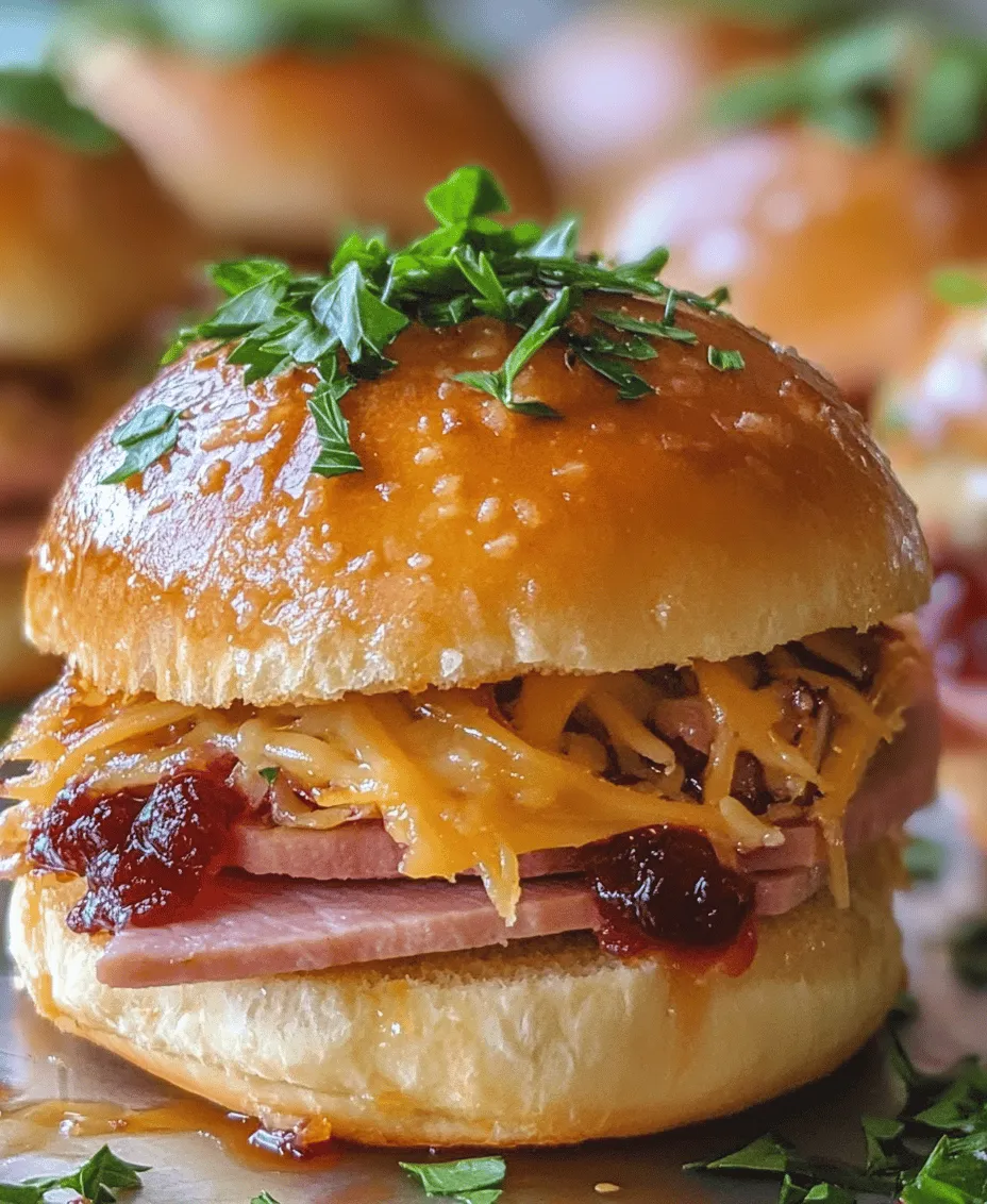 Sliders have become a cherished staple at gatherings, offering the perfect bite-sized solution for parties, family dinners, and game days. Their versatility and ability to pack a flavorful punch make them a go-to option for hosts and guests alike. Among the vast array of slider recipes, <strong>Sweet & Savory Ham and Cranberry Hawaiian Roll Sliders</strong> stand out as a delightful combination of flavors that caters to a variety of palates.” /></p>
</p>
<h3>Layering Ham and Cranberry Sauce</h3>
</p>
<p>To create the perfect Sweet & Savory Ham and Cranberry Hawaiian Roll Sliders, proper layering is essential for optimal flavor distribution. Begin by slicing your ham into uniform pieces that can easily fit within the rolls. This ensures that every bite is packed with flavor and maintains a consistent taste profile.</p>
</p>
<p>Next, take your cranberry sauce—whether homemade or store-bought—and spread a generous layer over the ham. For an even distribution, you might consider using a spatula to spread the sauce gently, ensuring that the flavor seeps into every piece of ham. The sweetness of the cranberry sauce complements the saltiness of the ham, creating a delightful balance that is key to these sliders.</p>
</p>
<p>For added texture and flavor, you can also sprinkle some chopped fresh herbs such as rosemary or thyme on top of the cranberry sauce before layering on the Swiss cheese. This not only enhances the flavor but also adds a fresh element that cuts through the richness of the ham and cheese.</p>
</p>
<h3>Adding Swiss Cheese</h3>
</p>
<p>Swiss cheese is a crucial component of these sliders, known for its nutty flavor and excellent melting properties. When adding the Swiss cheese, ensure that each slice covers the ham and cranberry sauce entirely. This will help create a gooey, melty layer that binds the sliders together and adds a delightful creaminess.</p>
</p>
<p>For optimal melting, it’s advisable to use cheese that is at room temperature. Cold cheese can sometimes seize up when heated, leading to uneven melting. If you want to boost the cheesiness, feel free to layer on additional slices or even mix in a bit of shredded cheese for added texture.</p>
</p>
<h3>Creating the Butter Mixture</h3>
</p>
<p>The butter mixture is what truly elevates these sliders. Start with unsalted butter to control the saltiness of the final dish. Melt the butter in a small saucepan or microwave and then mix in a tablespoon of Dijon mustard, which adds a tangy depth to the flavor profile.</p>
</p>
<p>Next, incorporate a tablespoon of brown sugar to enhance the sweetness and create a beautiful glaze on top of the rolls. This will give the sliders a sweet, caramelized finish that beautifully contrasts with the savory ham and tangy cranberry.</p>
</p>
<p>Additionally, you can add garlic powder or onion powder for an aromatic touch. Brush this mixture generously over the assembled sliders, making sure to coat each roll to guarantee that each bite is bursting with flavor.</p>
</p>
<h3>Baking Process</h3>
</p>
<p>The baking process is vital for achieving the right texture in your sliders. Preheat your oven to 350°F (175°C) and cover the assembled sliders with aluminum foil. This initial covering helps to steam the rolls, keeping them soft while the cheese melts.</p>
</p>
<p>After about 15 minutes, remove the foil to allow the tops to brown and crisp up. Keep an eye on the sliders as they bake uncovered for an additional 10-15 minutes. The goal is to achieve a golden-brown finish on the tops while keeping the insides perfectly soft and melty.</p>
</p>
<h3>Flavor Profiles and Texture</h3>
</p>
<p>The balance of sweet and savory in these sliders is truly remarkable. The saltiness of the ham pairs beautifully with the sweet and tangy notes from the cranberry sauce, creating a harmonious flavor profile. Each ingredient contributes to the overall experience: the Swiss cheese adds creaminess, while the butter mixture lends a rich, golden glaze and a hint of sweetness.</p>
</p>
<p>The soft Hawaiian rolls provide a pillowy contrast to the crunch of the baked top, which is achieved through the careful baking process. This combination of textures enhances each bite, making them not only delicious but also satisfying.</p>
</p>
<p>The interplay of flavors—creamy cheese, sweet cranberry, savory ham, and crispy roll tops—creates a slider that is vibrant and complex, appealing to a variety of palates. These sliders are a testament to how simple ingredients can come together to create something extraordinary.</p>
</p>
<h3>Serving Suggestions</h3>
</p>
<p>When it comes to serving your Sweet & Savory Ham and Cranberry Hawaiian Roll Sliders, presentation can make a significant difference. Arrange the sliders neatly on a large platter, perhaps garnished with fresh herbs like parsley or rosemary for a pop of color. This not only enhances visual appeal but also adds a fresh scent that will entice your guests.</p>
</p>
<p>Pairing options are equally important. These sliders go wonderfully with a chilled glass of sparkling cider or a light white wine, which enhances the sweetness of the cranberry sauce. For a non-alcoholic option, consider serving them with a refreshing iced tea or lemonade.</p>
</p>
<p>As for side dishes, you might consider a light salad or vegetable platter to balance the richness of the sliders. A simple coleslaw can also be a delightful addition, providing a crunchy contrast to the soft sliders.</p>
</p>
<h3>Nutritional Information</h3>
</p>
<p>While these sliders are undeniably delicious, it’s also essential to consider their nutritional aspects. A serving of these Sweet & Savory Ham and Cranberry Hawaiian Roll Sliders typically contains around 250-300 calories, depending on the specific ingredients used. They provide a good source of protein from the ham and Swiss cheese, while the cranberry sauce contributes vitamins and antioxidants.</p>
</p>
<p>For those with dietary preferences, there are several modifications you can make. For a gluten-free option, consider using gluten-free Hawaiian rolls. If you prefer a vegetarian version, substitute the ham with a hearty vegetable option such as roasted mushrooms or a savory plant-based meat alternative. Additionally, you can swap out the Swiss cheese for a dairy-free cheese to accommodate lactose intolerance.</p>
</p>
<h3>Conclusion</h3>
</p>
<p>In summary, the Sweet & Savory Ham and Cranberry Hawaiian Roll Sliders are a fantastic dish that showcases versatility and ease of preparation. With their delightful balance of flavors and textures, they are perfect for gatherings, potlucks, or even a cozy family dinner. These sliders bring together savory ham, sweet cranberry, and creamy Swiss cheese in a way that is sure to impress your guests and satisfy your taste buds.</p>
</p>
<p>Whether you enjoy them as a casual snack or make them the centerpiece of your next gathering, these sliders are sure to create lasting memories with friends and family. Embrace the joy of cooking and share this delightful recipe with those you love—there’s no doubt they’ll enjoy every bite!</p>
</div>