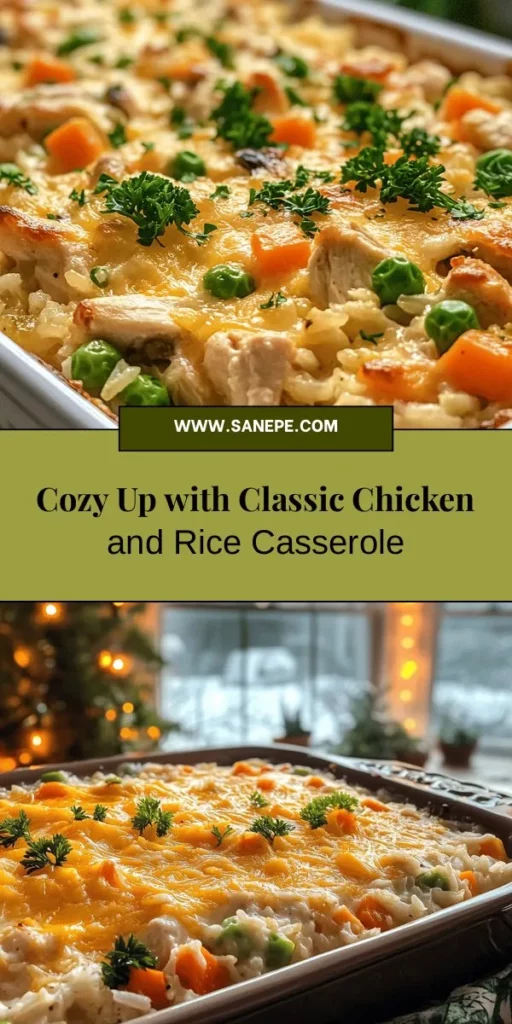 Indulge in the heartwarming flavors of Classic Comfort Chicken and Rice Casserole, a dish that nourishes both body and soul. This easy-to-make recipe features tender chicken, fluffy rice, and crunchy vegetables, all enveloped in a creamy sauce and topped with gooey cheddar cheese. Perfect for family dinners or gatherings, it’s sure to become a beloved favorite. Explore the comforting origins and customizable variations of this classic dish! #ComfortFood #Casserole #ChickenAndRice #FamilyDinner #EasyRecipes