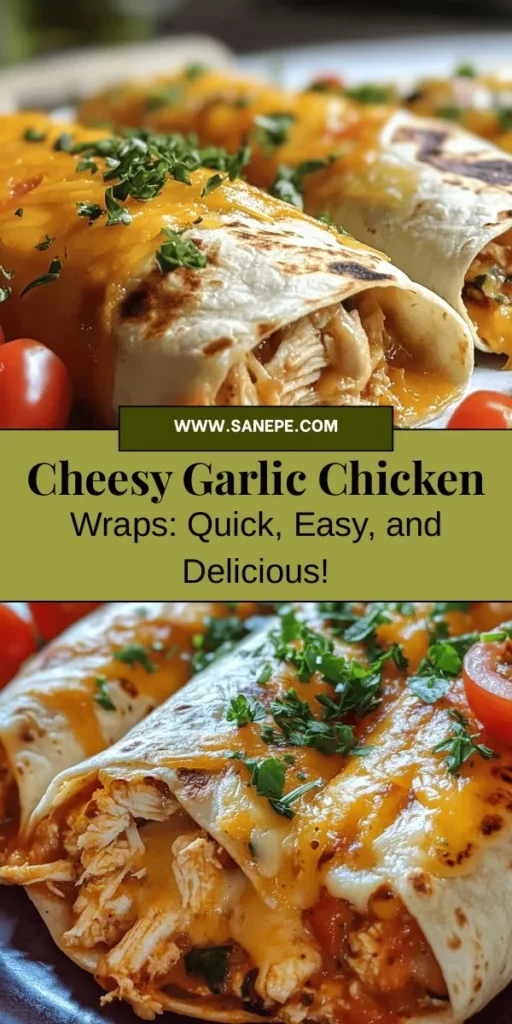 Discover the deliciousness of Cheesy Garlic Chicken Wraps, a perfect meal for any time of day! This recipe features a tempting combination of creamy cheeses, tender chicken, and fresh veggies, all wrapped in a warm tortilla. Easy to prepare and packed with flavor, these wraps are sure to be a hit at family dinners, lunch, or as a tasty snack. Explore the versatility and comfort of these wraps today! #CheesyGarlicChickenWraps #EasyRecipes #ComfortFood #MealPrep #Yummy