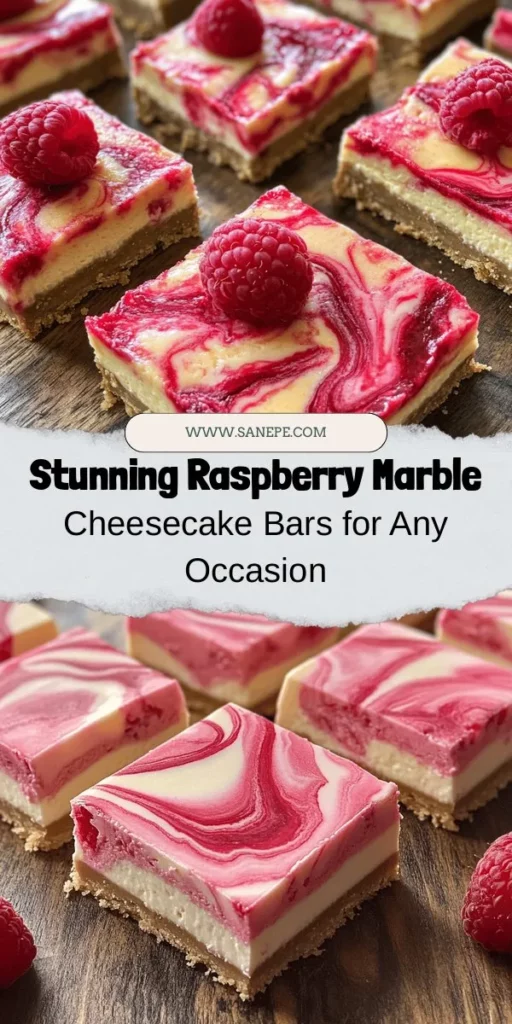 Indulge your sweet tooth with these Elegant Raspberry Marble Cheesecake Bars! This stunning dessert features a creamy cheesecake filling swirled with a vibrant raspberry puree, creating a visually appealing and delicious treat. Perfect for any occasion, these bars combine the richness of cream cheese with the tangy sweetness of fresh raspberries. Impress your guests or enjoy a delightful slice yourself! #Cheesecake #Dessert #Baking #Raspberries #SweetTreats #HomemadeDessert #MarbleCheesecake