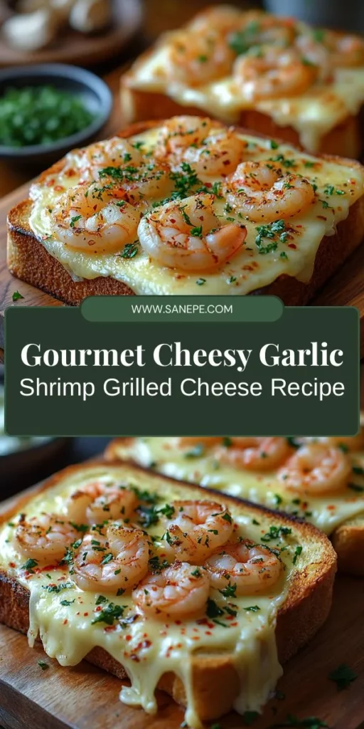 Indulge in a culinary delight with the Cheesy Garlic Shrimp Grilled Cheese Extravaganza! This dish takes the classic comfort of grilled cheese to new heights, featuring succulent shrimp sautéed in garlic butter and enveloped in gooey mozzarella and cheddar, all between crispy sourdough bread. Perfect for lunch, dinner, or late-night cravings, this gourmet sandwich is sure to impress. Try it today! #GrilledCheese #Shrimp #Foodie #ComfortFood #SeafoodCooking #CheesyGoodness #DeliciousEats