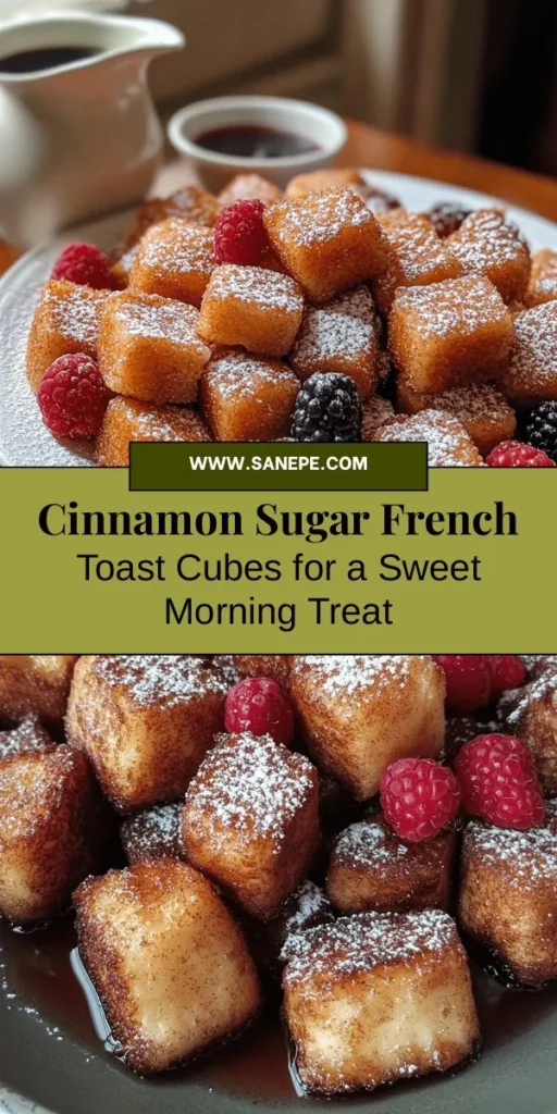 Start your mornings with a delicious twist on a classic favorite: Cinnamon Sugar French Toast Cubes! These bite-sized treats are perfect for brunch, gatherings, or special occasions. Made with rich brioche or challah bread, coated in a warming cinnamon-sugar mix, and served with fresh berries and maple syrup, they bring cozy comfort to the breakfast table. Easy to prepare and visually appealing, they are sure to impress family and friends. #BreakfastTreats #FrenchToast #BrunchIdeas #CinnamonSugar #YummyFood #EasyRecipes