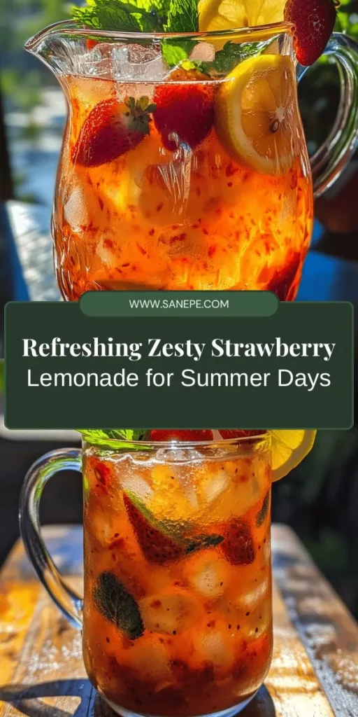 Beat the summer heat with this refreshing Zesty Strawberry Lemonade! This delightful drink combines the sweetness of fresh strawberries with the tartness of lemons, creating a colorful and invigorating beverage perfect for picnics or backyard barbecues. Learn to make this easy homemade lemonade with simple ingredients like strawberries, lemon juice, and a little sugar. Customize it to your taste for a delicious summer treat! #StrawberryLemonade #SummerDrinks #RefreshingBeverage #HomemadeLemonade #HealthyDrinks