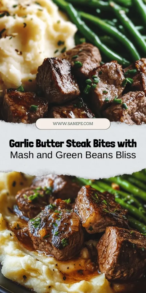 Indulge in the ultimate comfort food with these Sizzling Garlic Butter Steak Bites served alongside creamy mashed potatoes and crisp green beans. This flavorful dish combines rich garlic butter with tender steak, ensuring every bite is a delight. Perfect for special occasions or cozy family dinners, it's sure to become a favorite. Enjoy the harmony of flavors and make lasting memories around your dinner table. #ComfortFood #SteakBites #GarlicButter #FamilyMeals #CulinaryDelight #Foodie #RecipeInspiration