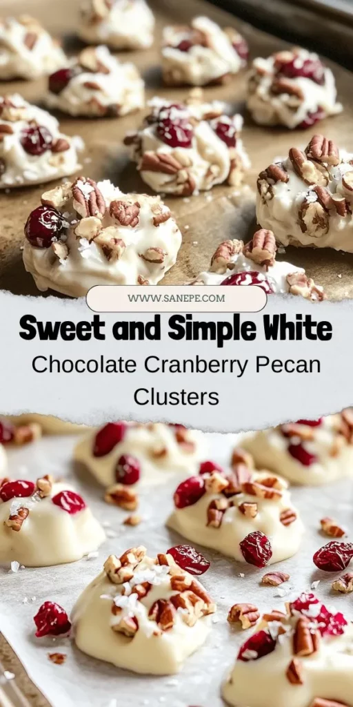 Indulge in the delightful flavors of white chocolate cranberry pecan clusters! Perfect for any celebration, these sweet morsels combine creamy white chocolate, tart cranberries, and crunchy pecans for a treat that's both beautiful and delicious. Easy to make and customizable, they're ideal for sharing or gifting. Get creative by adding mini marshmallows or sea salt to elevate the flavors. Try making them for your next gathering! #TreatYourself #HomemadeGoodness #SweetSnack