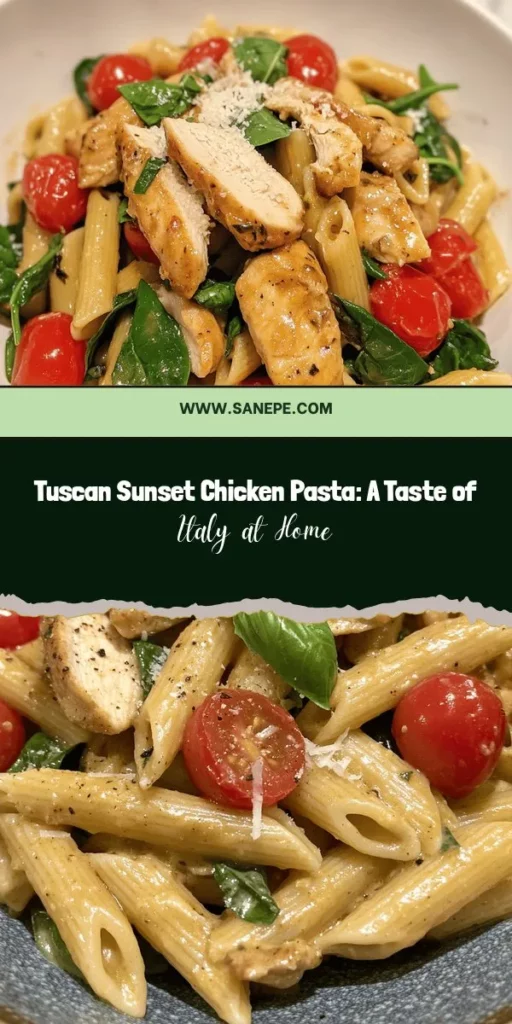 Indulge in the vibrant flavors of Italy with Tuscan Sunset Chicken Pasta! This quick and wholesome dish features tender chicken, al dente penne, and fresh vegetables all enveloped in a creamy sauce. Perfect for busy weeknights or entertaining, it's a delicious way to bring the charm of Tuscany to your table. Try this recipe for a satisfying meal that the whole family will love! #Tuscany #PastaRecipes #ItalianCuisine #ComfortFood #HealthyEating #DinnerIdeas #Foodie