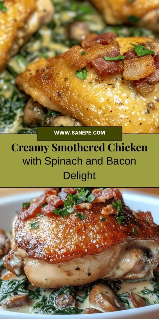 Indulge in the ultimate comfort food with this Smothered Chicken featuring Creamed Spinach, Bacon, and Mushrooms. Juicy chicken thighs are complemented by a rich, creamy sauce filled with savory bacon and tender mushrooms, creating a delightful meal perfect for any occasion. Enjoy the harmony of flavors and textures as you savor each bite of this satisfying dish. A sure hit for family dinners! #ComfortFood #ChickenRecipe #CreamedSpinach #CookingAtHome #DeliciousDinner #FoodieFavorites