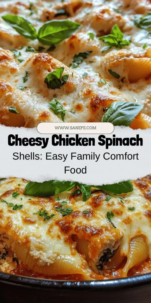 Discover the ultimate family favorite with Cheesy Chicken Spinach Shells Delight! This comforting casserole features tender pasta shells loaded with a savory blend of chicken, fresh spinach, and a trio of melted cheeses, baked to golden perfection. Perfect for busy weeknights or special gatherings, this dish is not only a feast for the eyes but also offers a delightful array of flavors that everyone will love. Try it today! #CheesyChickenSpinachShells #FamilyDinner #ComfortFood #CasseroleRecipes #FoodieFavorites #EasyDinnerIdeas