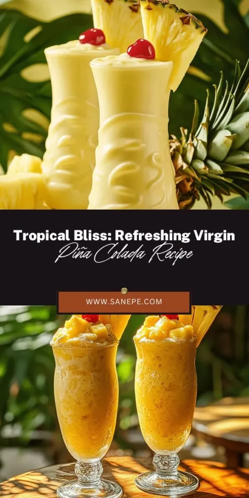 Escape to tropical paradise with this refreshing Virgin Piña Colada recipe! Perfect for family gatherings or solo sipping, this non-alcoholic drink blends juicy pineapple, creamy coconut milk, and zesty lime for a taste of sunshine. Made with fresh ingredients, it's packed with vitamins and antioxidants, making it a guilt-free treat. Try this easy recipe for your next summer party and enjoy a sip of bliss! #VirginPinaColada #TropicalDrinks #FamilyFriendly #RecipeIdeas #SummerSips