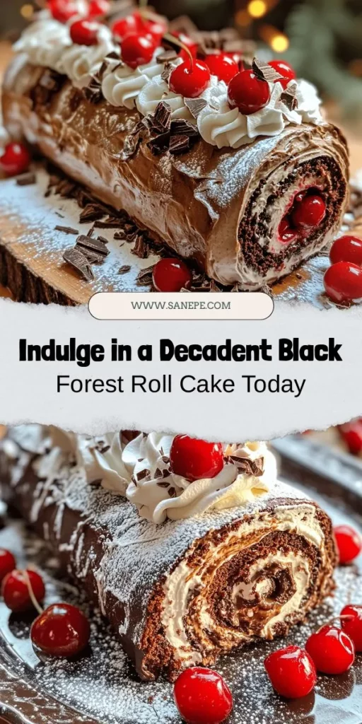 Indulge in the rich flavors of the Decadent Black Forest Roll Cake! This stunning dessert features a chocolate sponge cake filled with luscious cherries and fluffy whipped cream, all rolled up for a beautiful presentation. Perfect for celebrations and gatherings, it's easy to make and sure to impress your guests. Discover the satisfying balance of sweetness and tartness in every slice. Try this delightful recipe today! #BlackForestCake #DessertRecipes #BakingJoy #TreatYourself