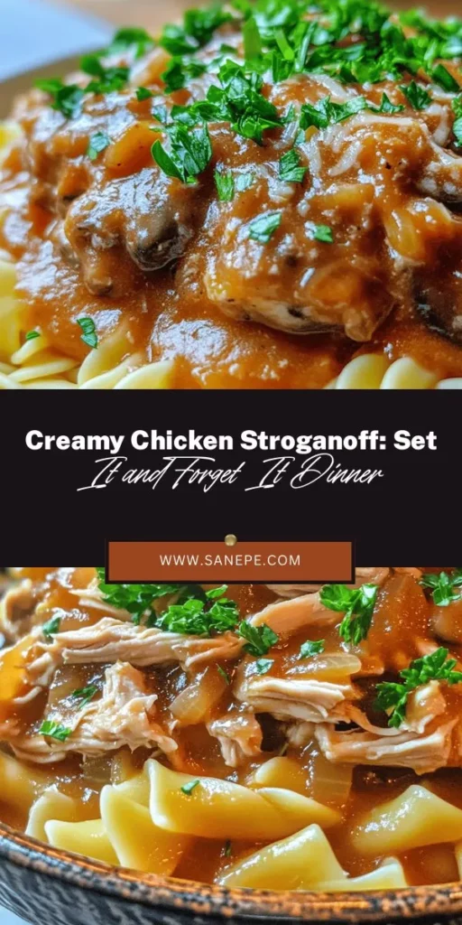 Indulge in the creamy goodness of Slow Cooker Chicken Stroganoff, a comforting dish perfect for any occasion! This easy recipe transforms tender chicken, mushrooms, and a rich sauce into a family favorite. Just set it and let the slow cooker work its magic while you go about your day. Serve it over egg noodles and enjoy a warm, satisfying meal that will bring everyone together. #ChickenStroganoff #SlowCookerRecipes #ComfortFood #EasyDinners #FamilyMeals