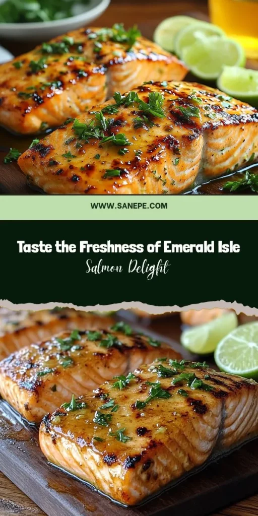 Experience the vibrant flavors of Emerald Isle Salmon Delight! This dish celebrates fresh salmon, a nutritional powerhouse rich in omega-3s and high-quality protein. With a tangy marinade featuring olive oil, Dijon mustard, honey, and lime, every bite is infused with delightful flavor. Perfect for casual dinners or special occasions, this recipe showcases wholesome ingredients and your cooking skills. Try it today for a healthy, delicious meal! #SalmonRecipe #HealthyEating #SeafoodLovers #CulinaryDelight