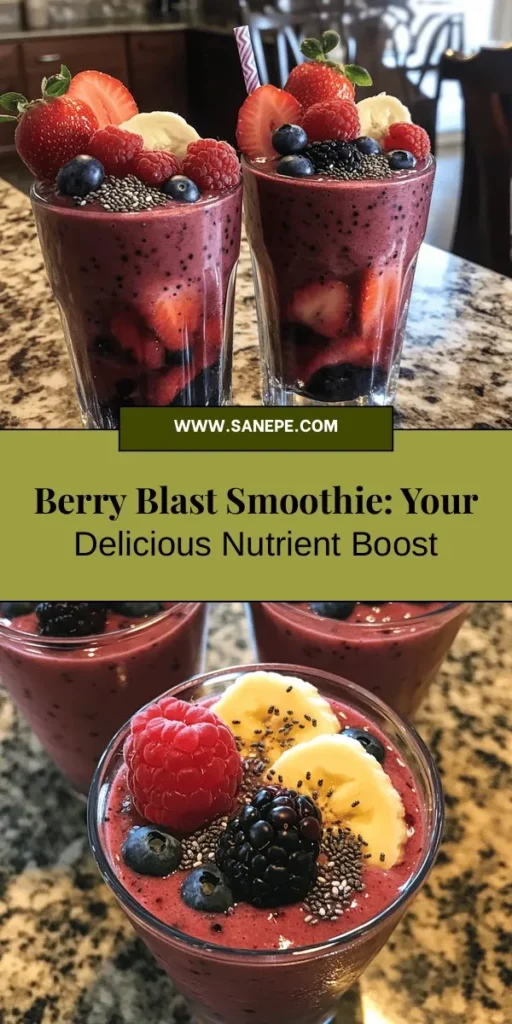 Looking for a delicious way to boost your nutrition? Try the Berry Blast Smoothie! Packed with mixed berries, banana, Greek yogurt, and almond milk, this nutrient-rich drink is perfect for breakfast, post-workout, or as a healthy snack. Its vibrant flavors and health benefits make it a must-try. Customize it to your liking by adding greens, spices, or sweeteners. Blend your way to a healthier lifestyle! #BerryBlastSmoothie #HealthyLiving #Nutrition #SmoothieRecipe #BreakfastIdeas #HealthySnacks