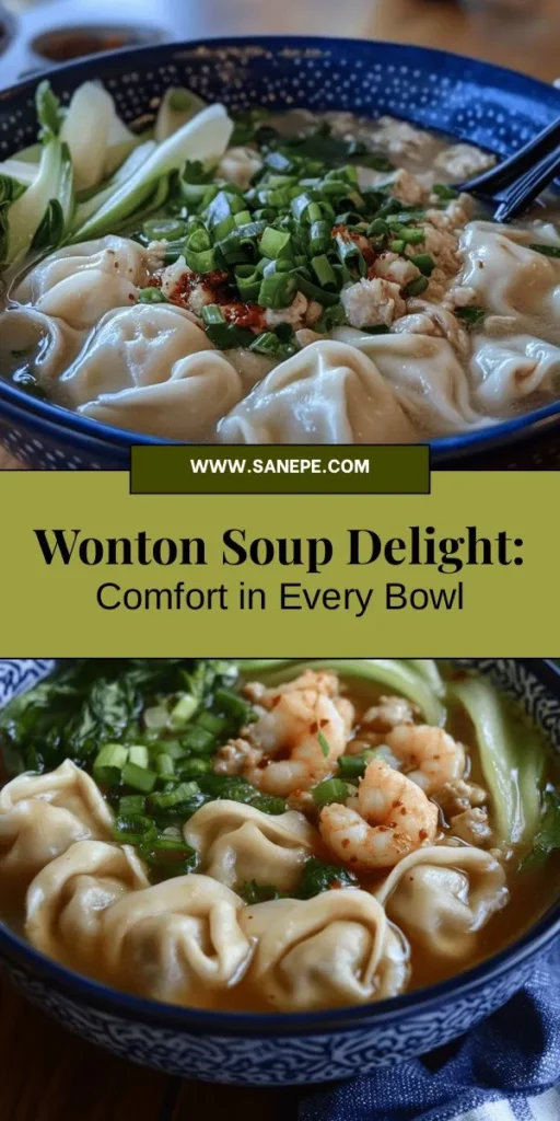 Warm your heart with Wonton Soup Delight, a comforting fusion of flavors and cultural traditions! This beloved dish features tender wontons filled with savory meat, shrimp, and aromatic herbs, all swimming in a rich, fragrant broth. Perfect for cozy evenings or family gatherings, this recipe not only nourishes the body but also invites you to enjoy the joy of homemade cooking. Explore the culinary legacy of wontons and create cherished memories in your kitchen! #WontonSoup #ComfortFood #Homemade #CulinaryTraditions #AsianCuisine #NostalgiaCooking