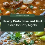 Warm up on chilly days with a bowl of Hearty Pinto Bean, Green Chile & Beef Soup! This comforting dish combines the rich flavors of ground beef, creamy pinto beans, and zesty green chiles, making it a perfect choice for family dinners or gatherings. Easy to prepare and loaded with health benefits, this soup is packed with protein, fiber, and vitamins that will fill you up and warm your soul. Whether you cook it on the stovetop or in a slow cooker, enjoy this nourishing recipe that’s sure to become a household favorite. Perfect for meal prep, leftovers can be stored for days or frozen for later enjoyment!