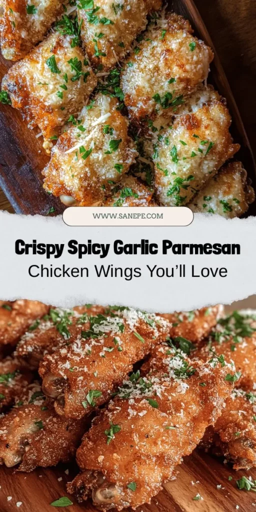 Spice up your next gathering with these delicious Spicy Garlic Parmesan Crispy Chicken Wings! Perfectly baked to a golden crisp, they combine the bold flavors of garlic and Parmesan in every bite. Easy to make, these wings will become the star of your table. Whether for game day or a cozy night in, your guests will be coming back for more. Ready to elevate your appetizer game? #ChickenWings #GarlicParmesan #Appetizers #GameDayEats #BakedWings #CrispyWings #SpicyWings #ComfortFood