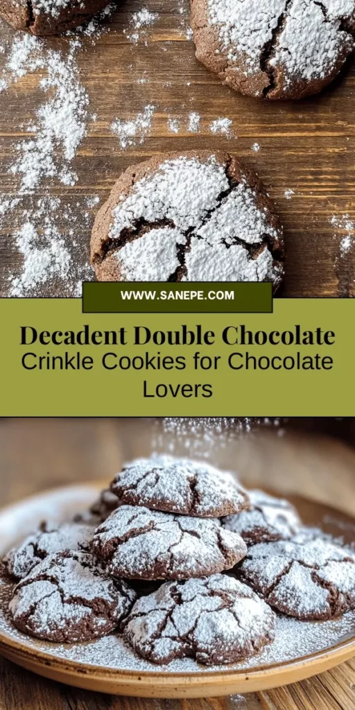 Get ready to indulge in the ultimate treat for chocolate lovers! These Decadent Double Chocolate Crinkle Cookies are a delightful combination of rich cocoa and creamy semi-sweet chocolate chips, delivering a deep and satisfying flavor in every bite. Their signature crinkled appearance, dusted with powdered sugar, adds an irresistible charm. Perfect for any occasion, these cookies are sure to become a new favorite! #ChocolateCookies #Baking #Dessert #CookieRecipe #IndulgentTreat #SweetTooth