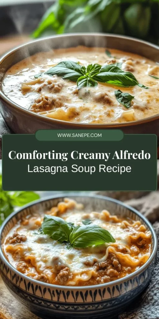 Warm up with a comforting bowl of Creamy Alfredo Lasagna Soup, a heartwarming blend of classic lasagna flavors in a delightful, easy-to-make soup. Ready in just 35 minutes, this family-friendly dish features lasagna noodles, savory sausage, and rich cheeses, perfect for chilly evenings or gatherings. Enjoy customizing it with seasonal veggies or vegetarian options for a wholesome meal. Discover the recipe today! #LasagnaSoup #ComfortFood #QuickDinner #HomemadeDeliciousness