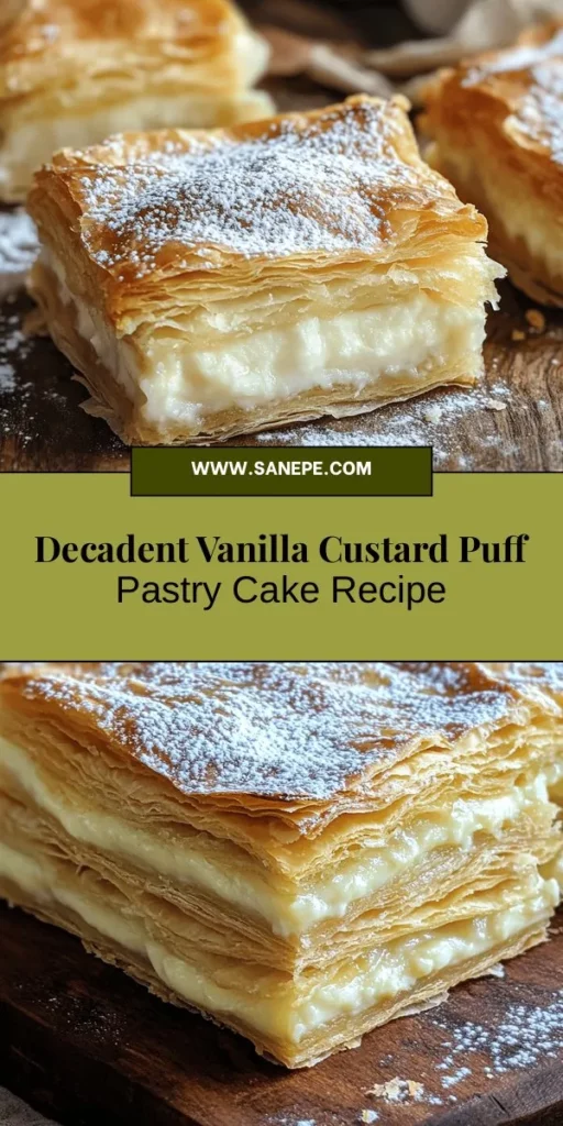 Indulge in the exquisite flavors of Vanilla Custard Puff Pastry Cake! This delightful dessert features flaky layers of buttery puff pastry paired with rich, velvety vanilla custard that melts in your mouth. Perfect for any occasion, from casual gatherings to elegant celebrations, this cake is sure to impress your guests. Elevate your baking game and treat your loved ones to this stunning dessert masterpiece. #VanillaCustardCake #PuffPastry #DessertRecipes #BakingJoy #SweetTreats