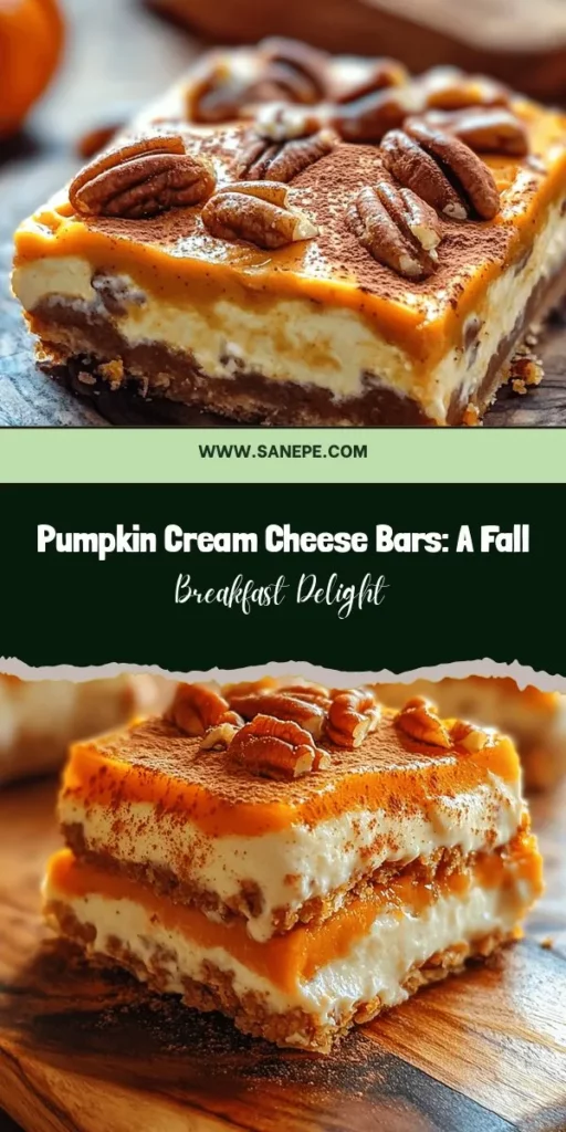 Indulge in the flavors of fall with these delicious Pumpkin Cream Cheese Breakfast Bars! Perfect as a quick breakfast, sweet brunch addition, or cozy dessert, these bars feature a rich pumpkin base layered with creamy, tangy cream cheese. Embrace the warmth of autumn spices and enjoy a guilt-free treat packed with nutrients. Bake a batch and bring comfort to your kitchen this season! #PumpkinRecipes #FallBaking #BreakfastBars #AutumnDelights #CreamCheeseTreats