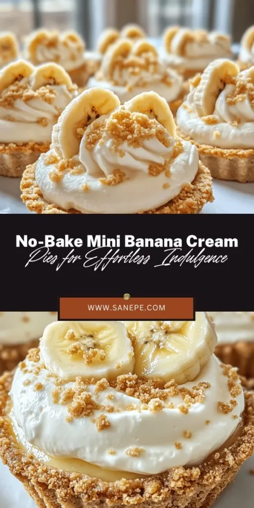 Craving a sweet treat that's both easy and delicious? Try making these no-bake mini banana cream pies! With layers of creamy vanilla pudding, ripe bananas, and a crunchy graham cracker crust, they are perfect for any occasion. These delightful desserts come together quickly and require no oven, making them ideal for summer gatherings or busy days. Impress your friends and family with this nostalgic favorite today! #NoBakeDesserts #BananaCreamPie #EasyRecipes #DessertLovers #SummerTreats