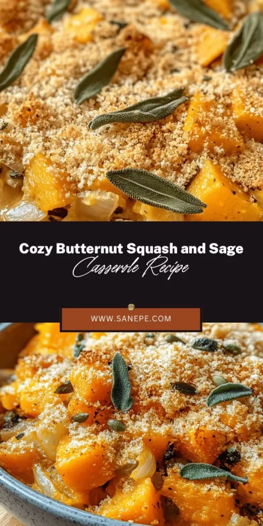 Discover the warmth of autumn with this Butternut Squash and Sage Casserole! Perfect for family gatherings or cozy dinners, this recipe combines roasted butternut squash with aromatic sage, creating a creamy, flavorful dish packed with nutrients. With hints of onion, garlic, and a crunchy breadcrumb topping, it’s a delightful side for Thanksgiving or a comforting main. Try it today for a taste of fall! #ButternutSquash #Casserole #FallRecipes #Sage #HealthyEating #ComfortFood