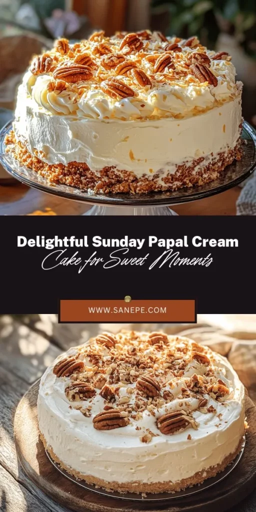 Bake up some joy with the Sunny Sunday Papal Cream Cake! This delightful recipe combines moist cake, sweet coconut, and crunchy pecans, all topped with a luscious cream finish and a hint of lemon zest. Perfect for Sunday gatherings or any special moment, it’s sure to impress your loved ones. Discover the steps to create this delicious dessert and make cherished memories in the kitchen! #Baking #Dessert #CakeRecipe #FamilyGatherings #SundayBaking #HomemadeDelight