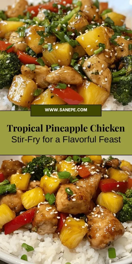 Savor the taste of the tropics with this delicious Tropical Pineapple Chicken Stir-Fry! This vibrant dish combines juicy pineapple, tender chicken, and colorful vegetables for a guilt-free meal that's bursting with flavor and nutrients. Perfect for weeknights or special occasions, it’s easy to customize to your preferences. Dive into this culinary adventure and elevate your dinner routine! #TropicalStirFry #HealthyEating #PineappleChicken #DinnerInspiration #EasyRecipes