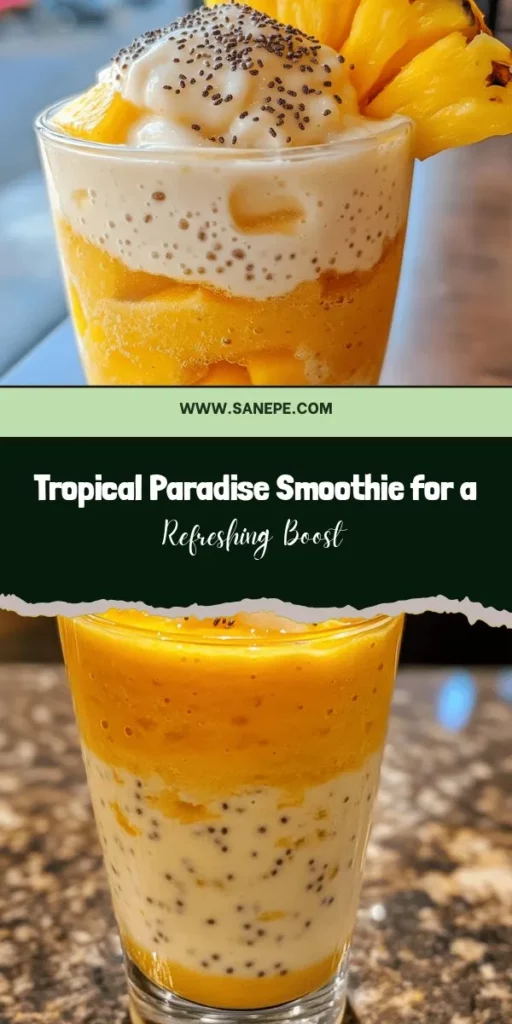 Savor the taste of summer all year round with the Tropical Paradise Smoothie! This refreshing blend features frozen banana, pineapple, mango, coconut milk, and a splash of orange juice for a nutritious treat. Packed with vitamins and healthy fats, it’s perfect for breakfast, post-workout recovery, or an afternoon pick-me-up. Enjoy this versatile smoothie any time of the day and experience a taste of the tropics. #TropicalSmoothie #HealthyDrinks #SmoothieRecipe #Nutrition #VeganTreat