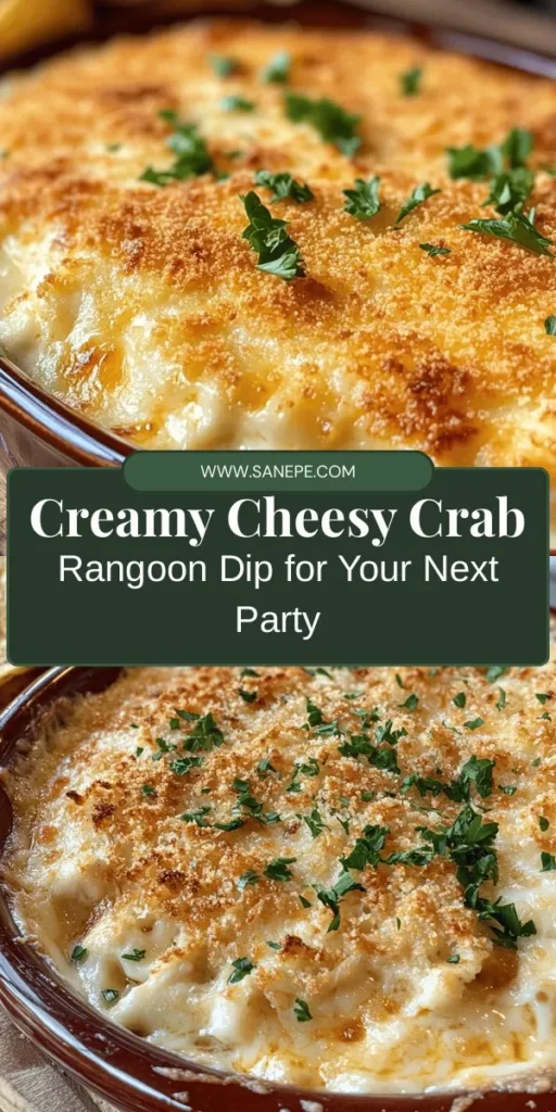 Indulge in the rich and creamy flavors of Cheesy Crab Rangoon Dip, the perfect appetizer for any gathering! Made with lump crab meat, tangy cream cheese, and topped with crunchy panko breadcrumbs, this dip is sure to wow your guests. Serve it warm with crispy tortilla chips or fresh vegetable sticks for a delightful snack that's both familiar and exciting. Get ready to impress at your next party! #CrabRangoonDip #Appetizers #PartyFood #SeafoodDip #GameDaySnacks #Yummy