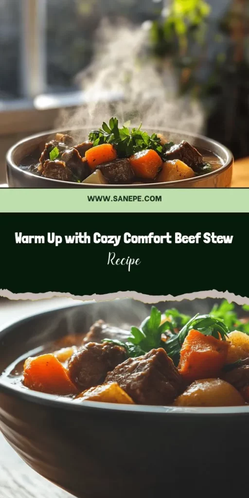 Warm up your winter with a delightful Cozy Comfort Beef Stew recipe that's perfect for family dinners or cozy nights in. This hearty dish combines tender beef chuck, fresh vegetables, and aromatic herbs, offering a rich flavor that nourishes the soul. Simple to make and great for meal prep, you'll love the comforting depth this stew brings. Enjoy it with garlic mashed potatoes or crusty bread for a complete meal! #BeefStew #ComfortFood #WinterRecipes #CozyMeals #HomeCooking